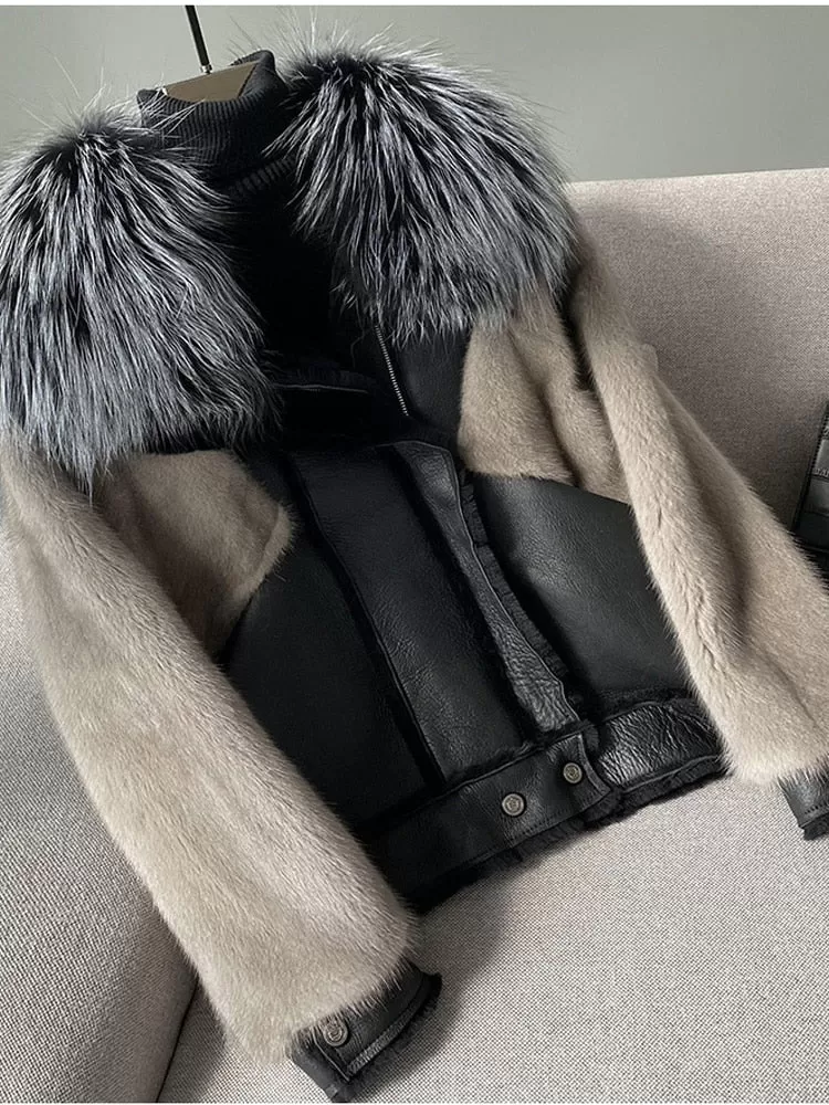 Women's Winter Warm Natural Mink Fox Fur Genuine Leather Short Jackets