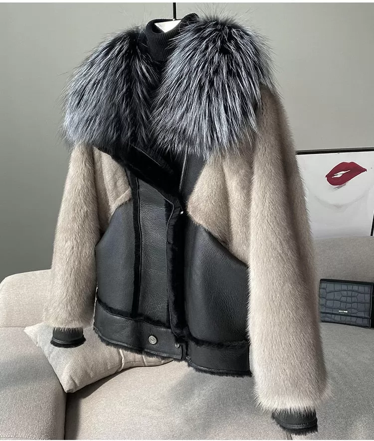 Women's Winter Warm Natural Mink Fox Fur Genuine Leather Short Jackets