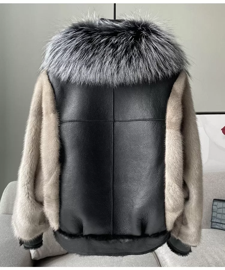 Women's Winter Warm Natural Mink Fox Fur Genuine Leather Short Jackets