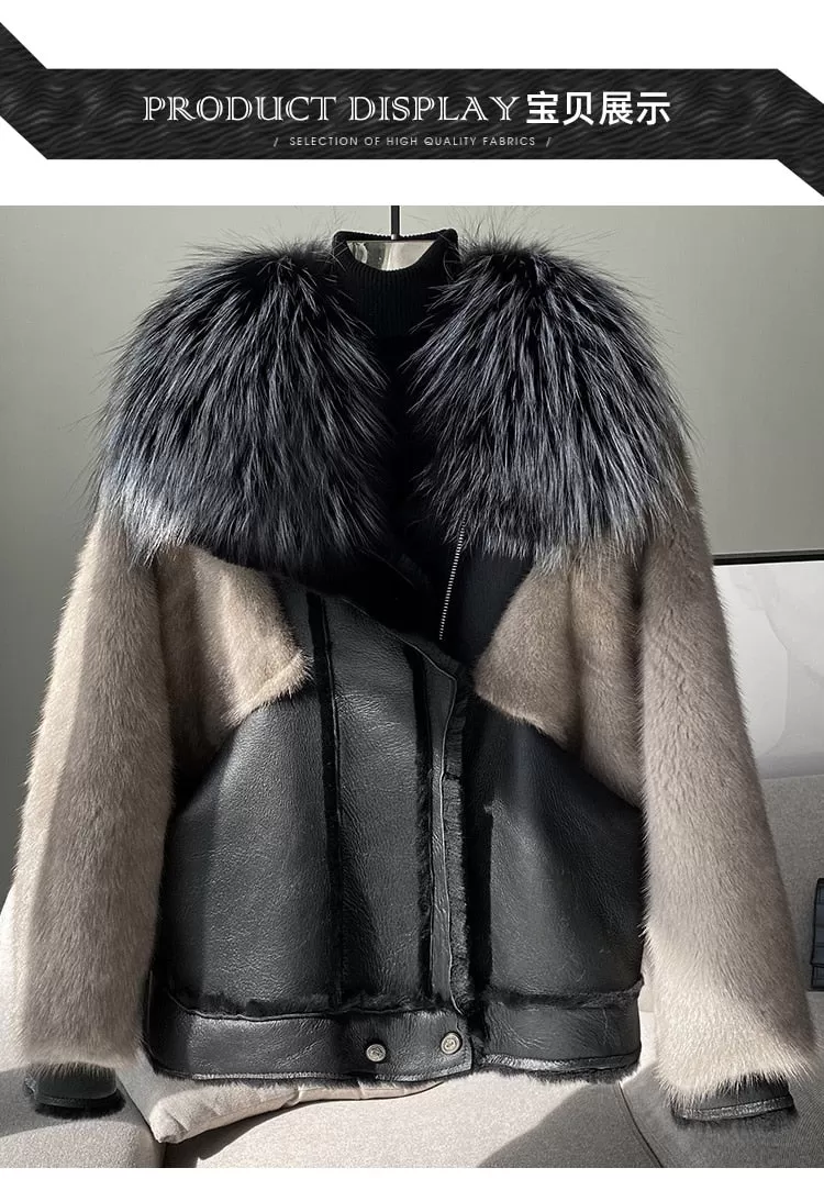 Women's Winter Warm Natural Mink Fox Fur Genuine Leather Short Jackets