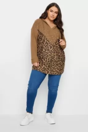 YOURS Curve Brown Leopard Print Embellished Hoodie